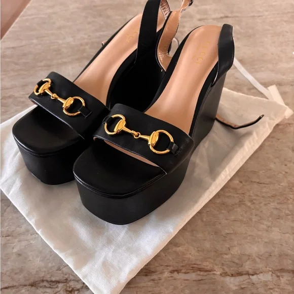 Gucci Black Leather Platform Wedge Sandals with Gold Horsebit size 37 - Picture 3 of 7